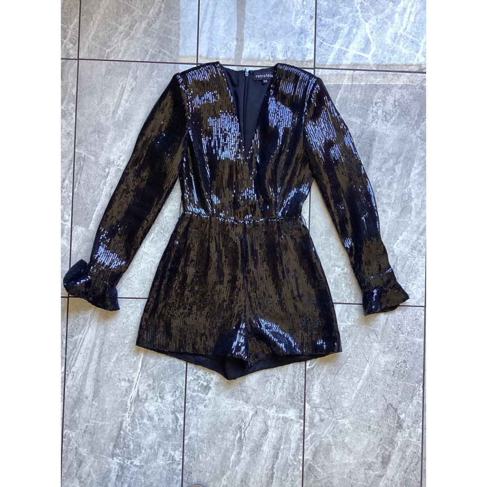 Retrofete Black Sequin Long Sleeve V-Neck Romper XS Party Event